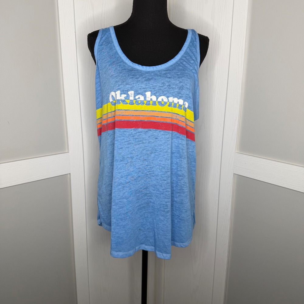 Home‎ Free Tank Top Women 2X Blue Oklahoma Graphic Retro Stripe Slub Knit